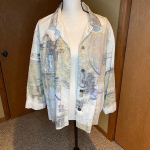 Asian print denim jacket.